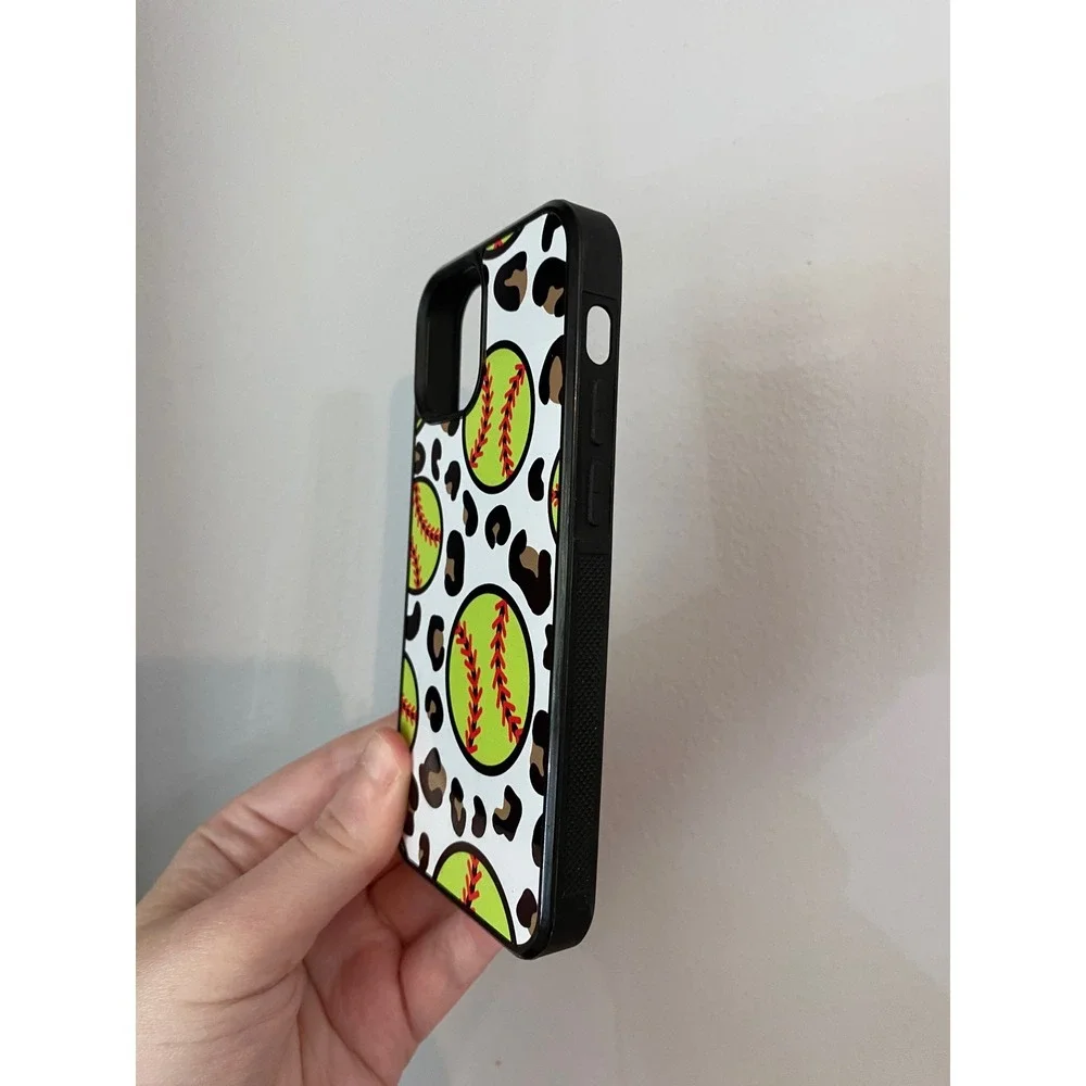 Softball Leopard Print Phone Case iPhone 13 Mini Neon Yellow Sporty Animal Print